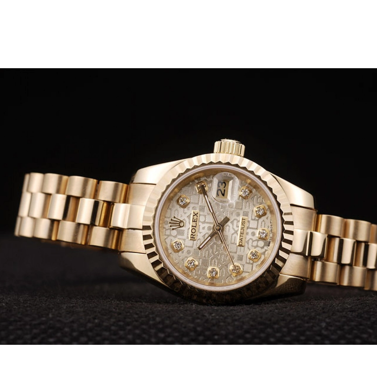 AAA replica watch Pattern Dial DateJust Gold Ribbed Rolex Gold Bezel 0627